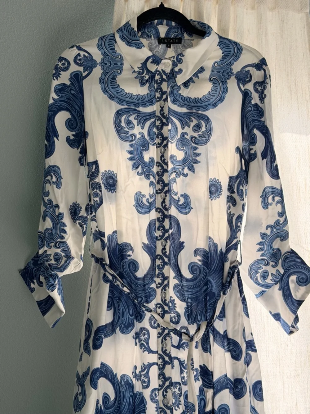 1. State Blue and White Printed Maxi Shirt Dress - Picture 3 of 7